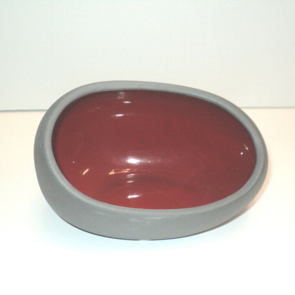Gray Tea Light Votive Holder 6" Ceramic w/Red Handmade Philippines NEW Vintage